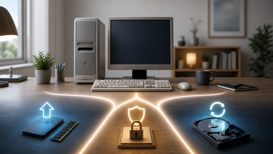 Älterer Desktop-PC mit verschiedenen Wegen für die weitere sichere Nutzung