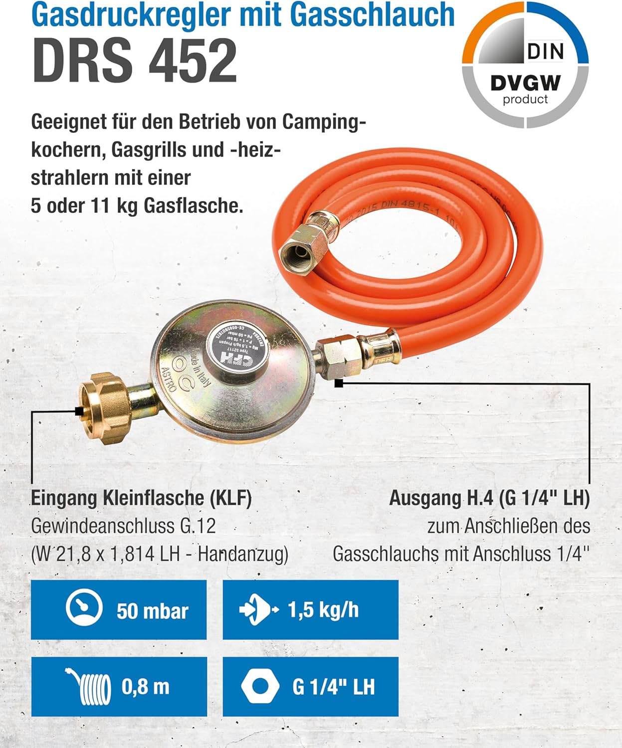 CFH Gasregler mit Gasschlauch 50 mbar – für Grill & Camping
