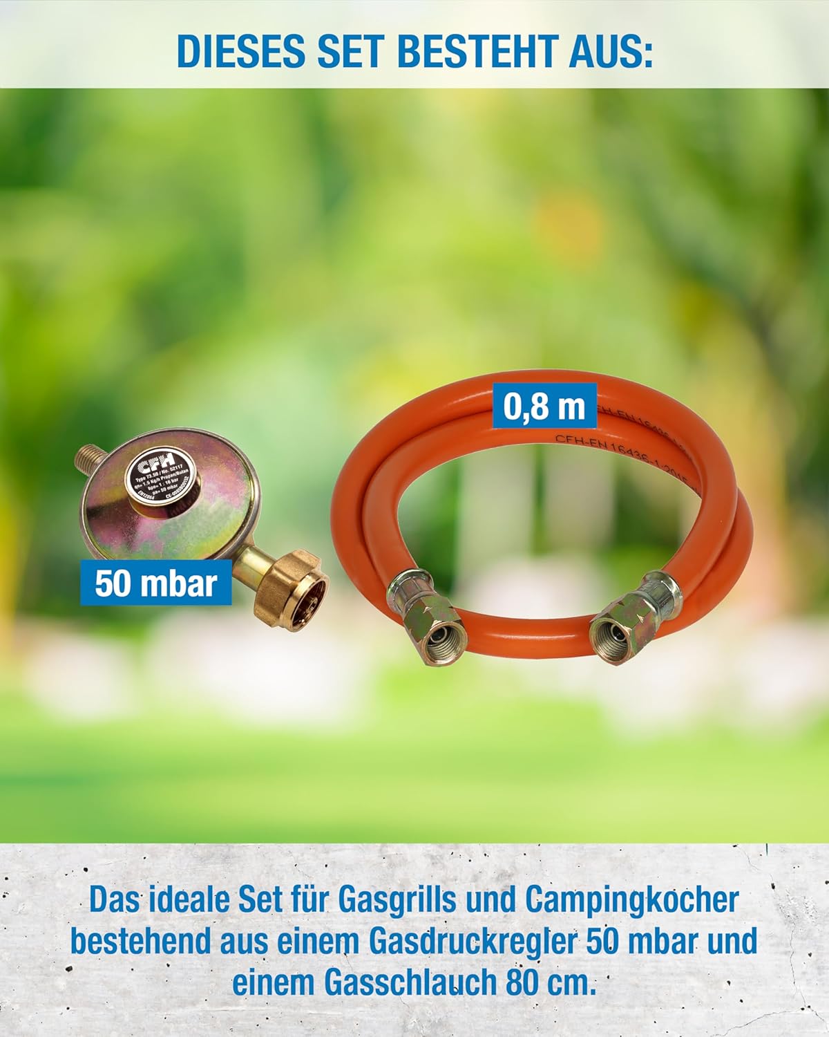 CFH Gasregler mit Gasschlauch 50 mbar – für Grill & Camping