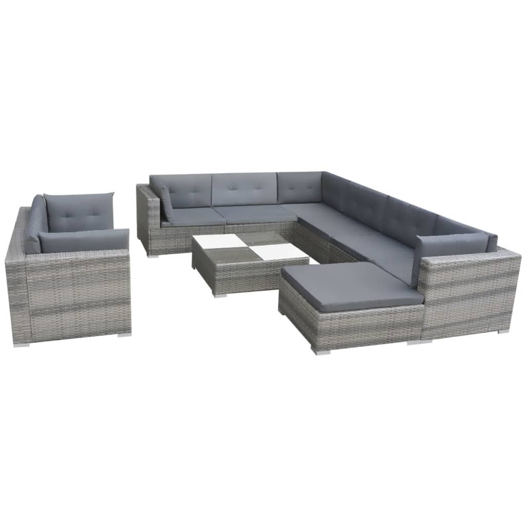 10-tlg. Garten-Lounge-Set mit Auflagen Poly Rattan Grau