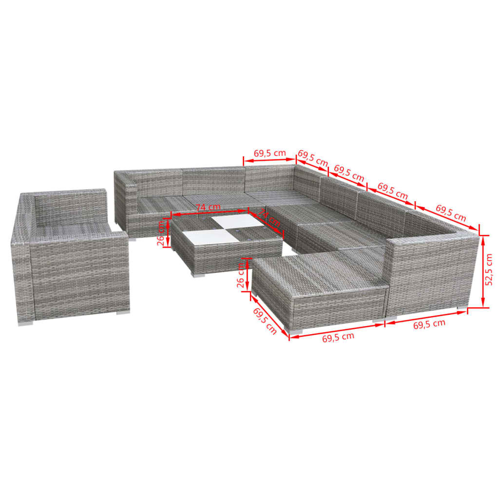 10-tlg. Garten-Lounge-Set mit Auflagen Poly Rattan Grau