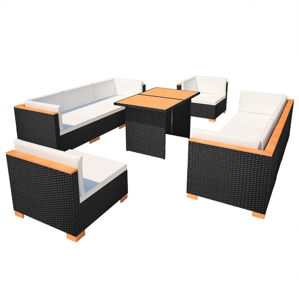 10 pièces. Salon de jardin avec coussins poly rotin noir