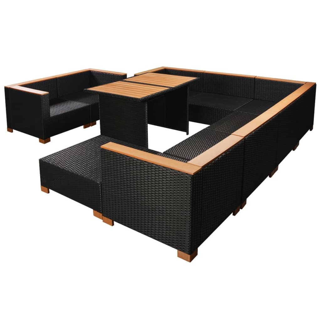 10 pièces. Salon de jardin avec coussins poly rotin noir