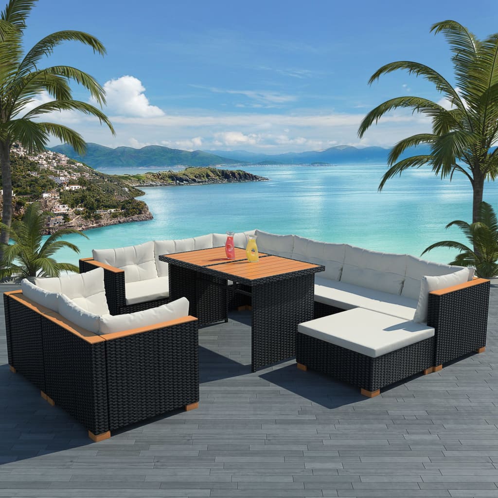 10 pièces. Salon de jardin avec coussins poly rotin noir