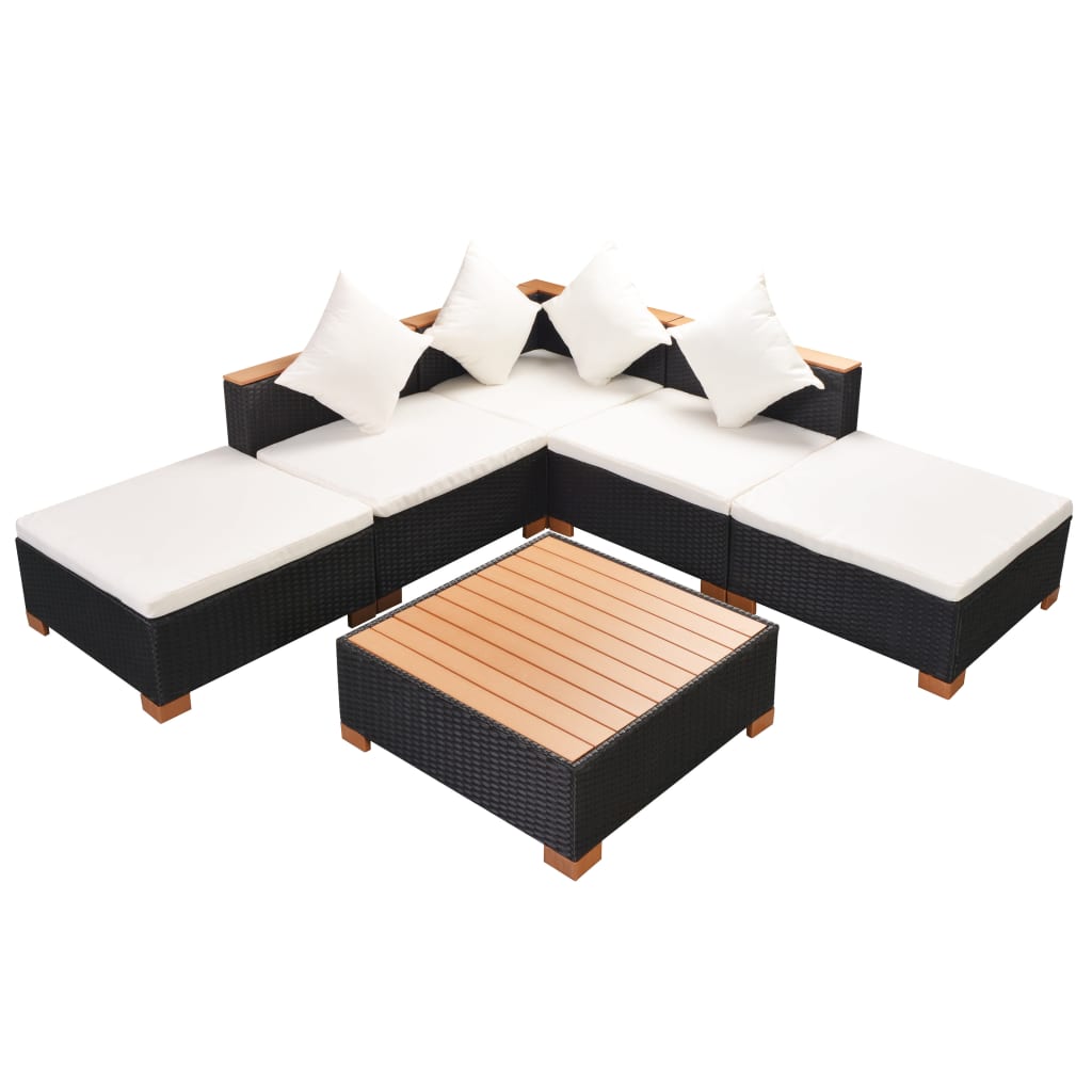 6 pièces. Salon de jardin avec coussins poly rotin noir