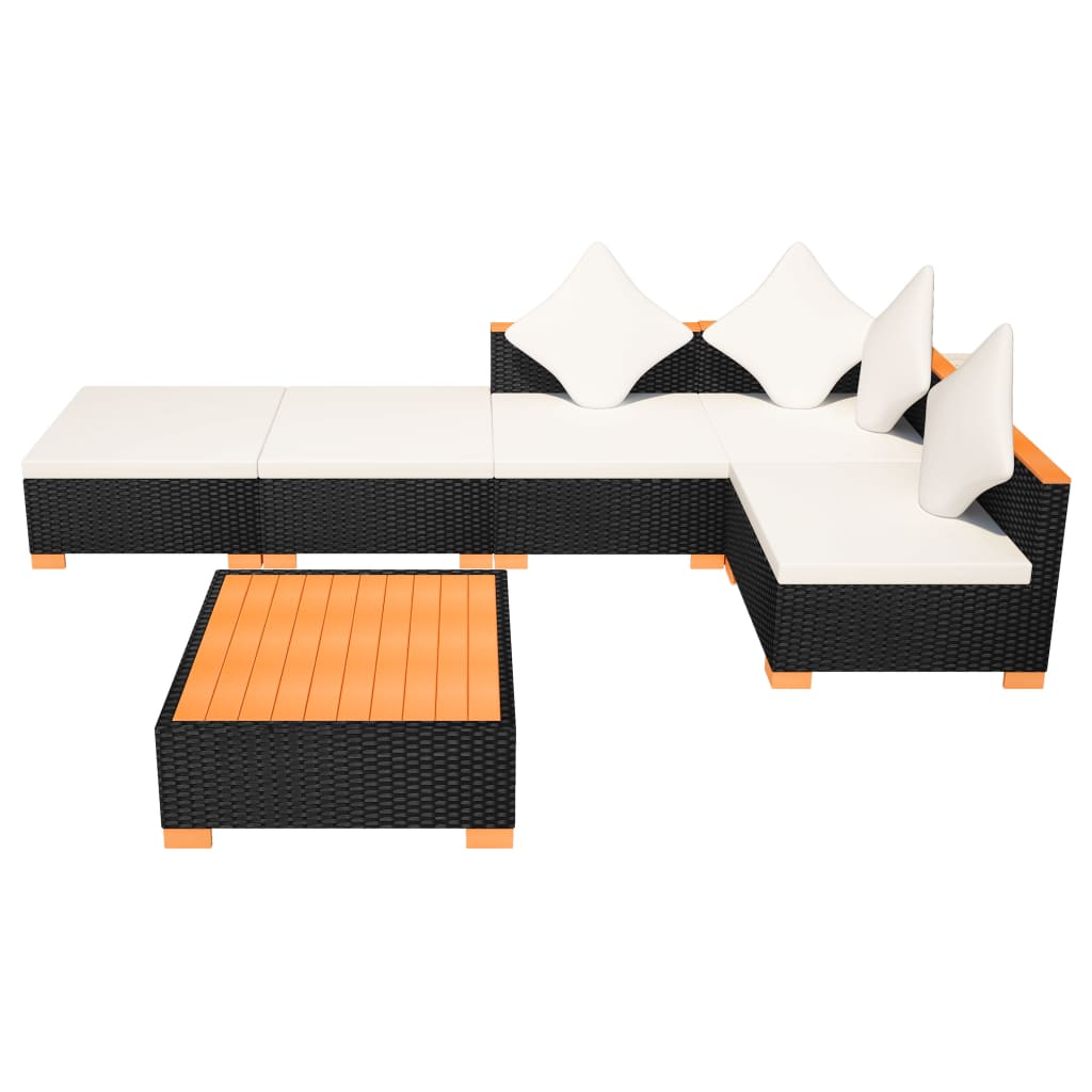6 pièces. Salon de jardin avec coussins poly rotin noir