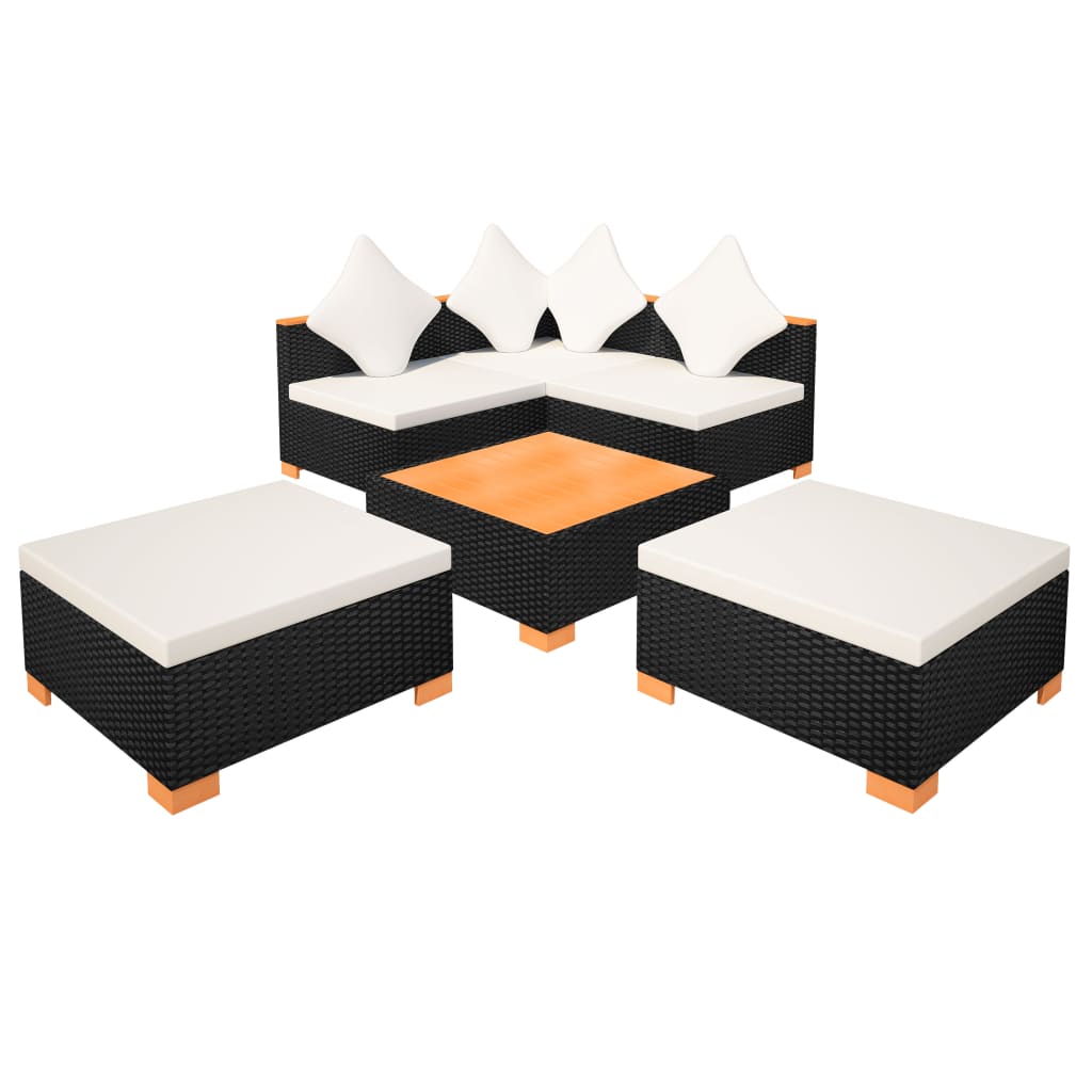6 pièces. Salon de jardin avec coussins poly rotin noir