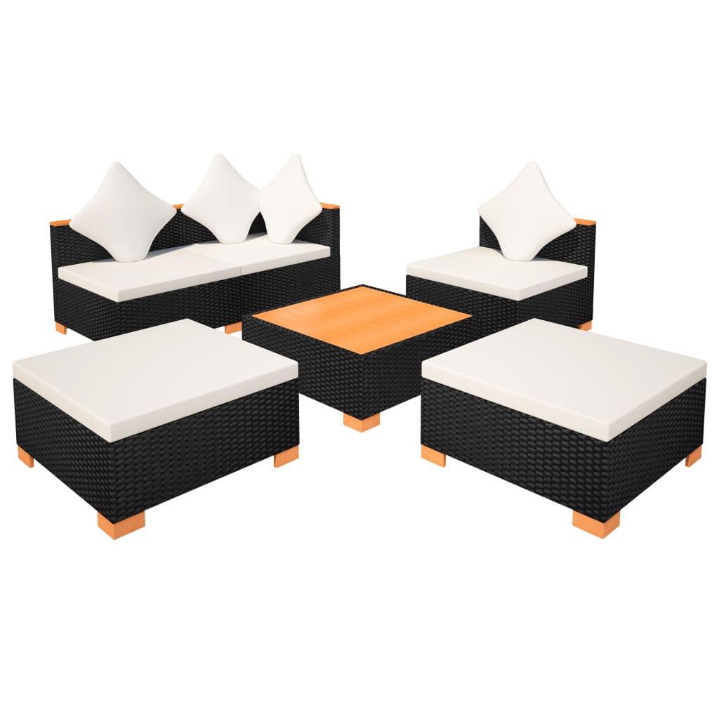 6 pièces. Salon de jardin avec coussins poly rotin noir