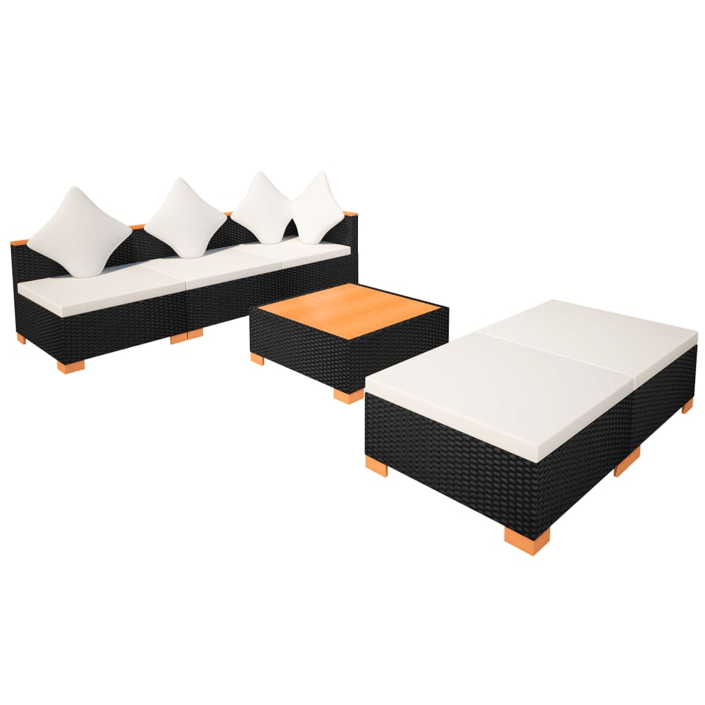 6 pièces. Salon de jardin avec coussins poly rotin noir