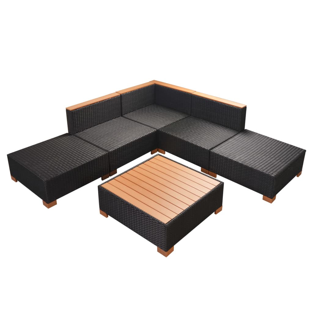 6 pièces. Salon de jardin avec coussins poly rotin noir