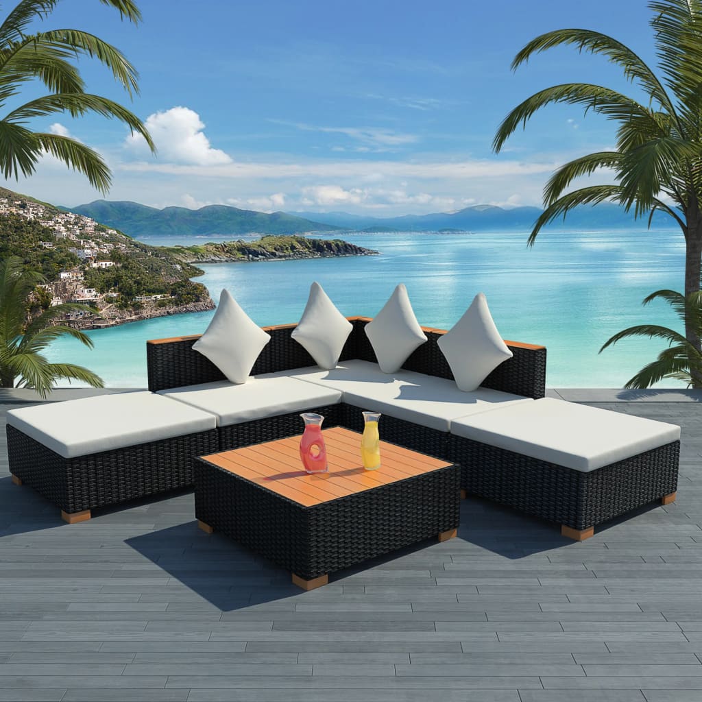 6 pièces. Salon de jardin avec coussins poly rotin noir