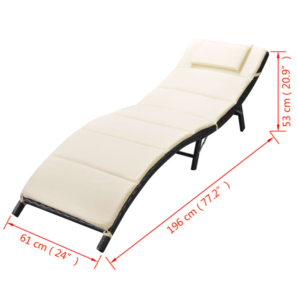 Klappbare Sonnenliege mit Auflage Poly Rattan Schwarz