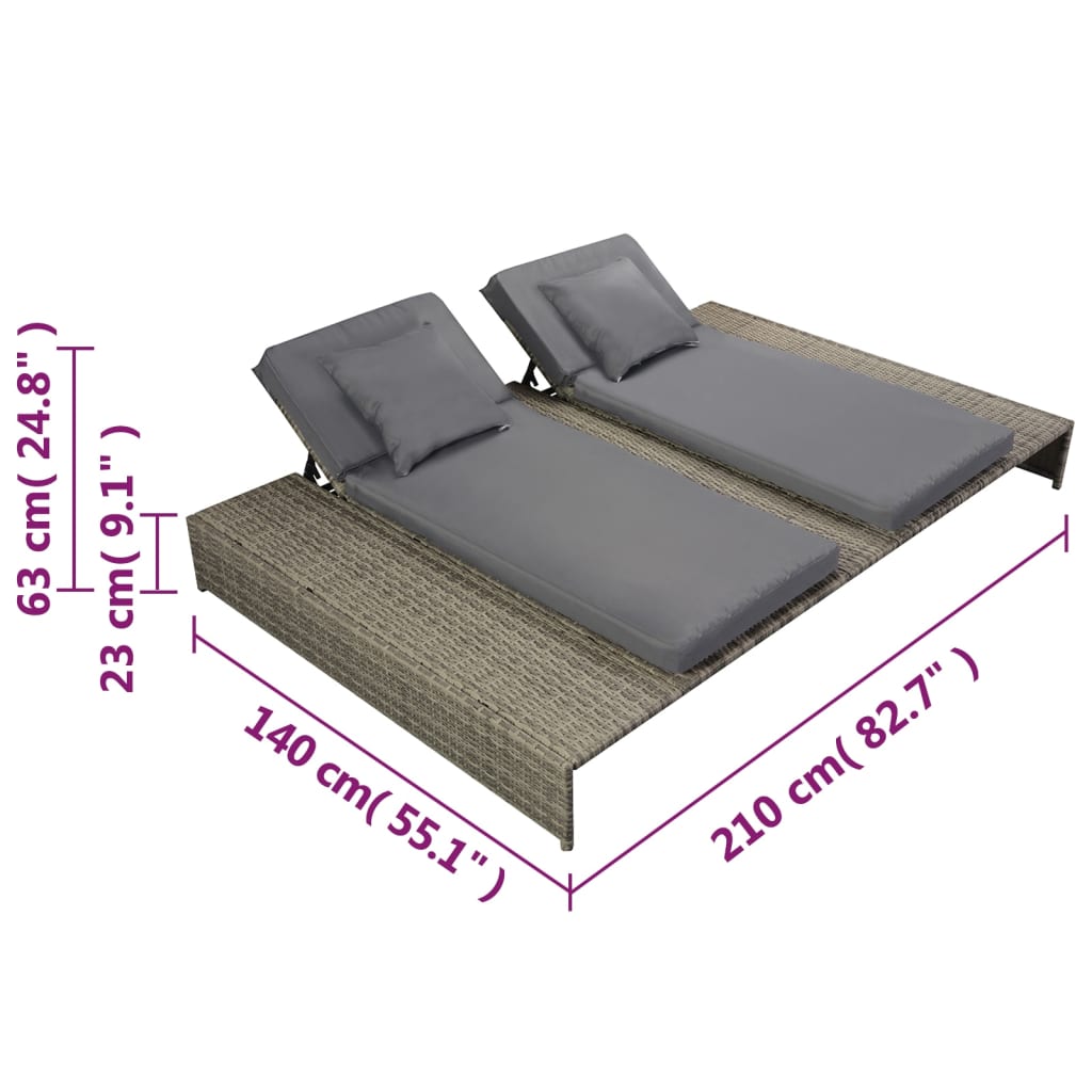 Doppel-Sonnenliege mit Auflage Poly Rattan Grau