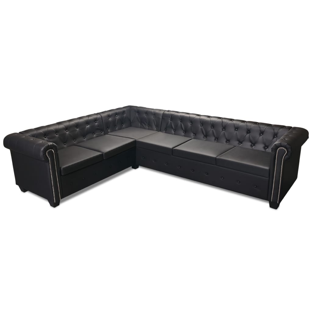 Chesterfield-Ecksofa 6-Sitzer Kunstleder Schwarz