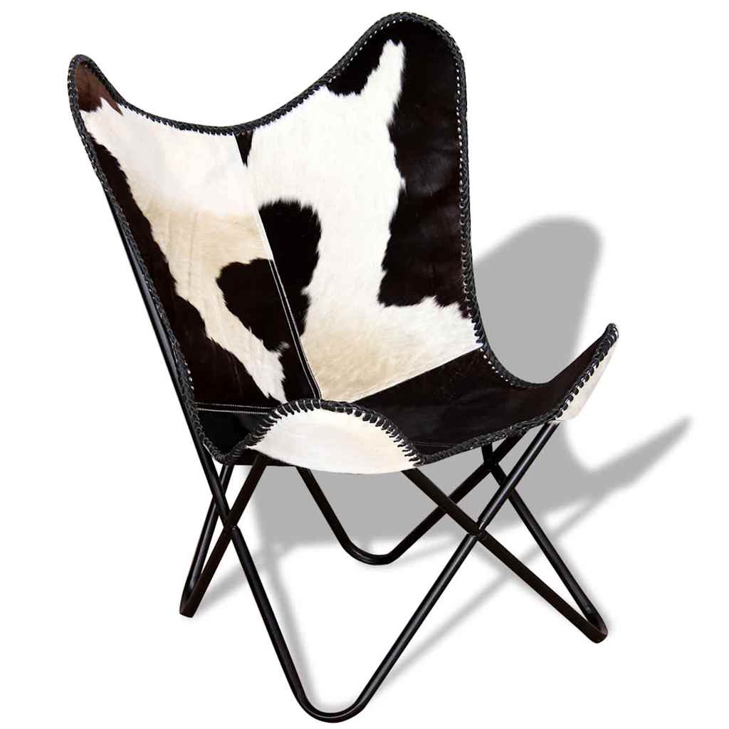 Chaise Papillon en cuir de vache véritable noir et blanc