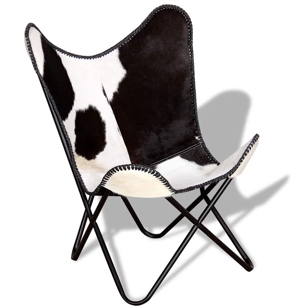 Chaise Papillon en cuir de vache véritable noir et blanc