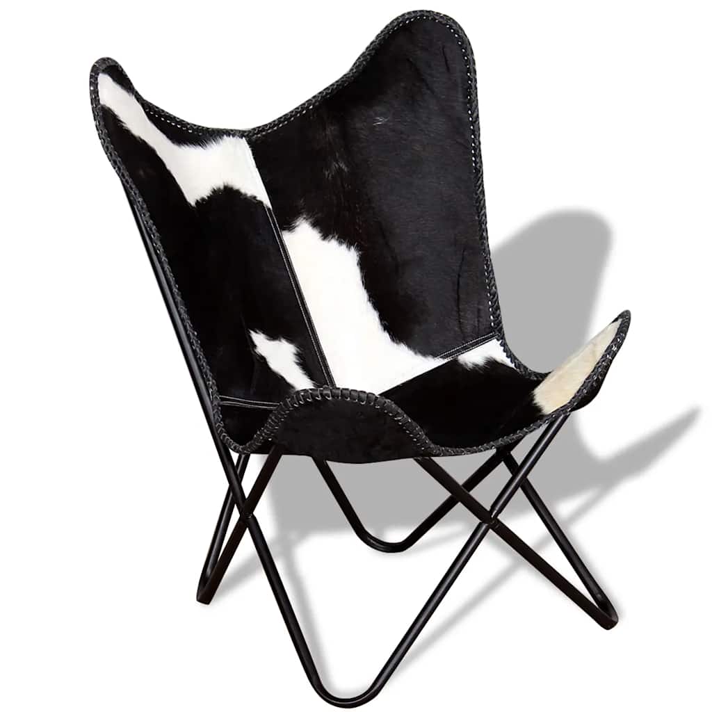 Chaise Papillon en cuir de vache véritable noir et blanc