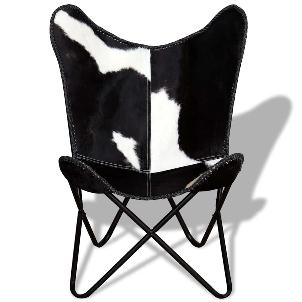 Chaise Papillon en cuir de vache véritable noir et blanc