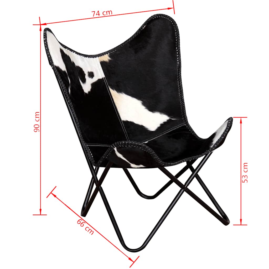 Chaise Papillon en cuir de vache véritable noir et blanc