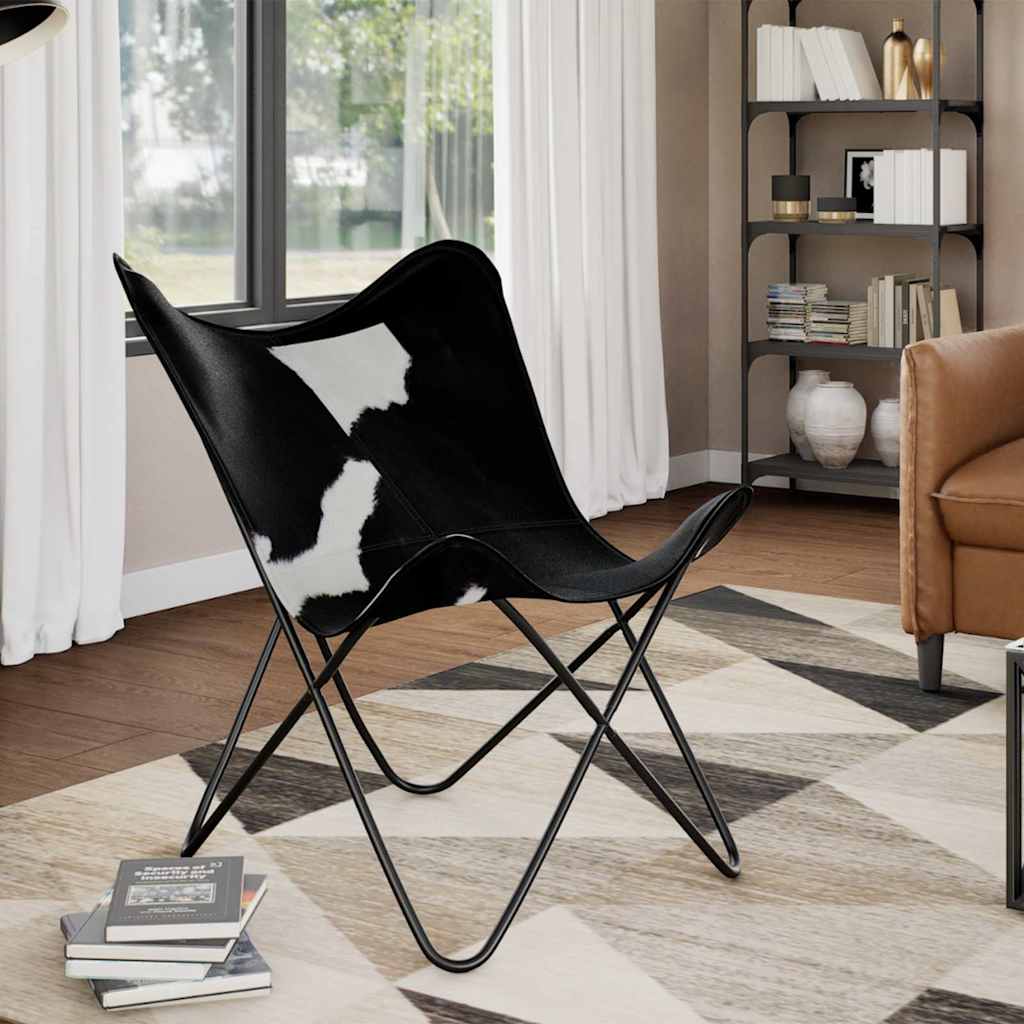 Chaise Papillon en cuir de vache véritable noir et blanc
