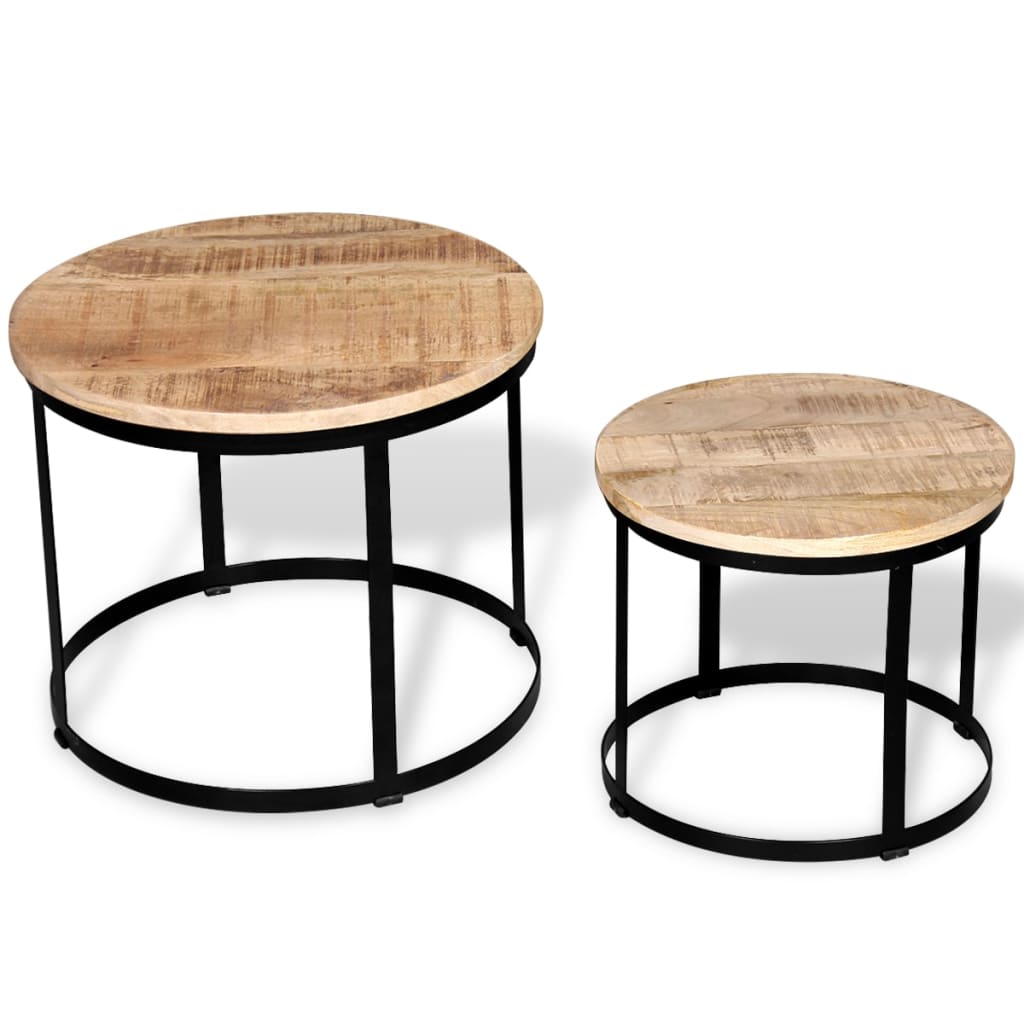 Ensemble de 2 tables basses rondes en bois de manguier brut, 40 cm/50 cm