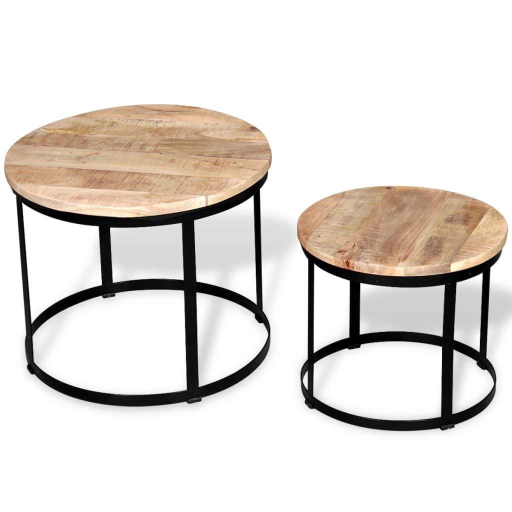 Ensemble de 2 tables basses rondes en bois de manguier brut, 40 cm/50 cm