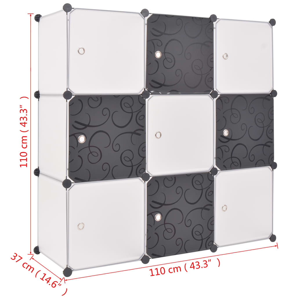 Shelving system cube shelf with 9 compartments black and white