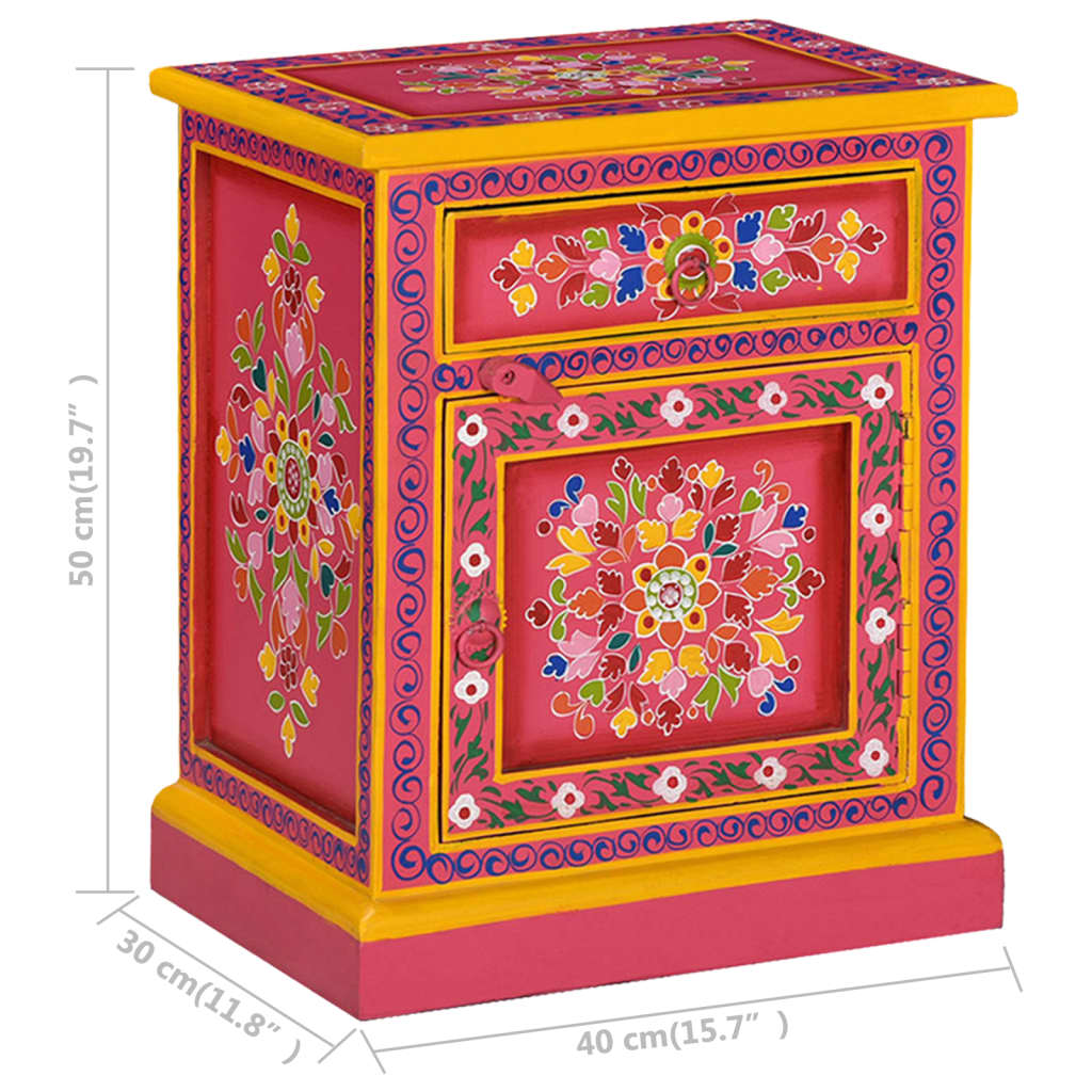 Nachttisch Mangoholz Massiv Rosa Handbemalt