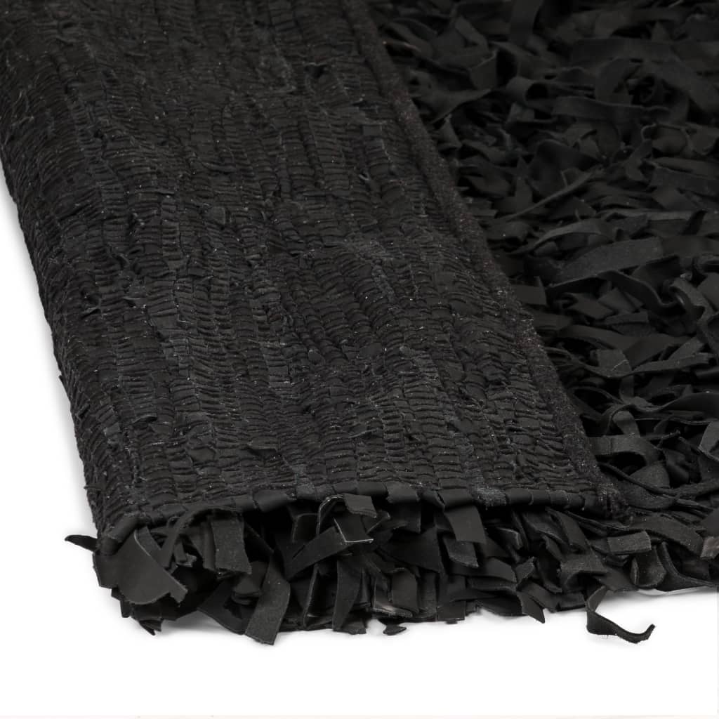 Shaggy-Teppich Echtleder 120 x 170 cm Schwarz