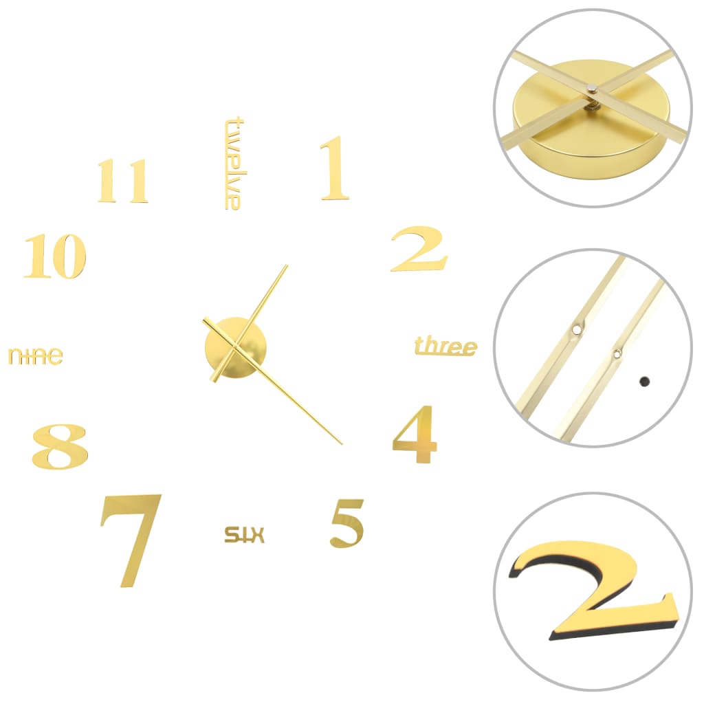 3D Wall Clock Modern Design 100 cm XXL Golden
