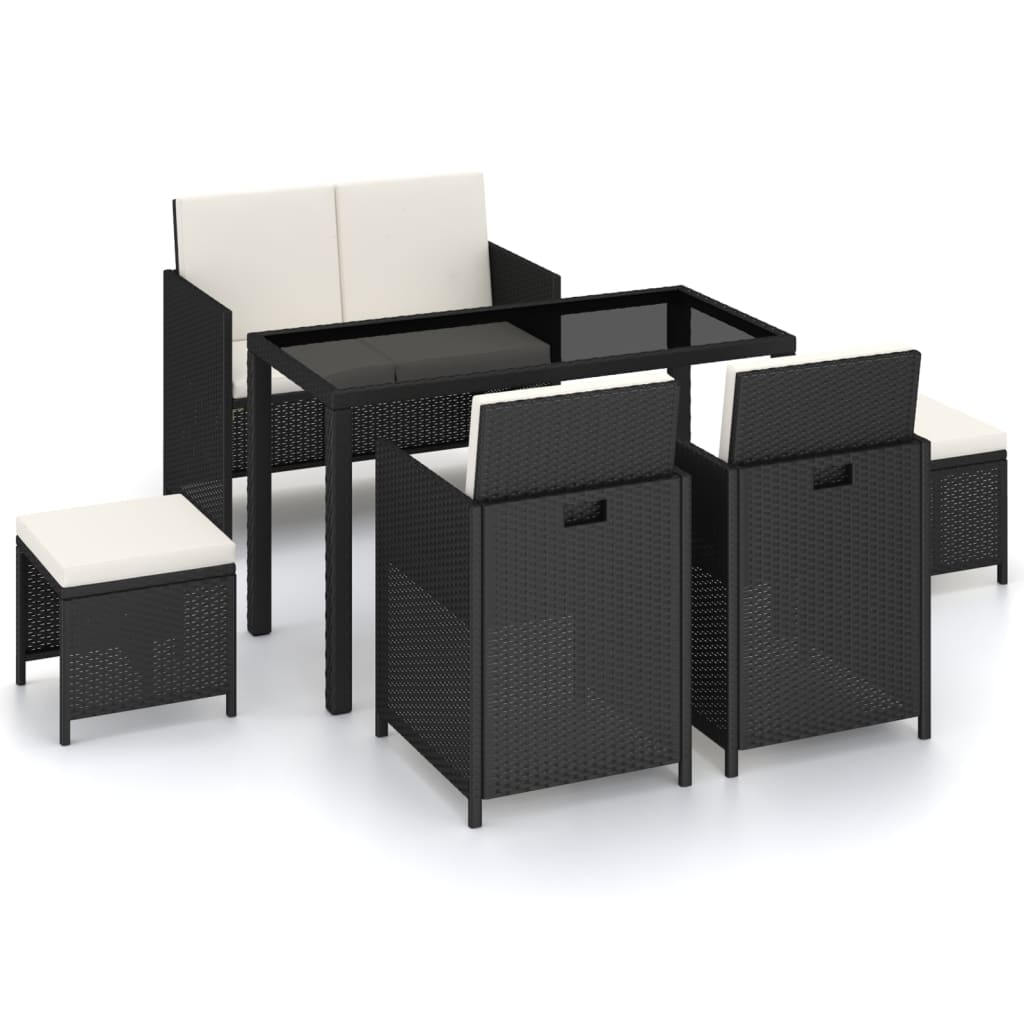 6 pièces. Groupe de repas de jardin avec coussins poly rotin noir