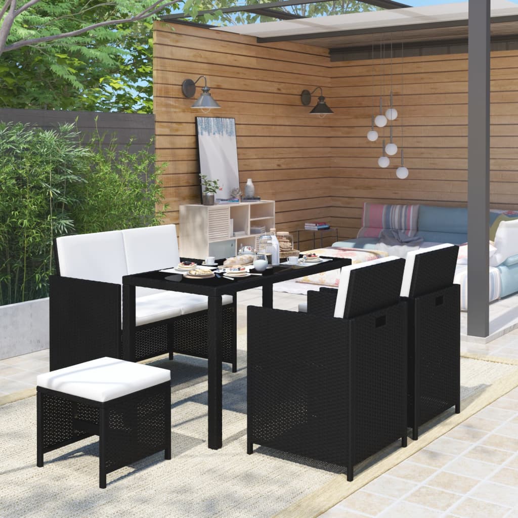 6 pièces. Groupe de repas de jardin avec coussins poly rotin noir