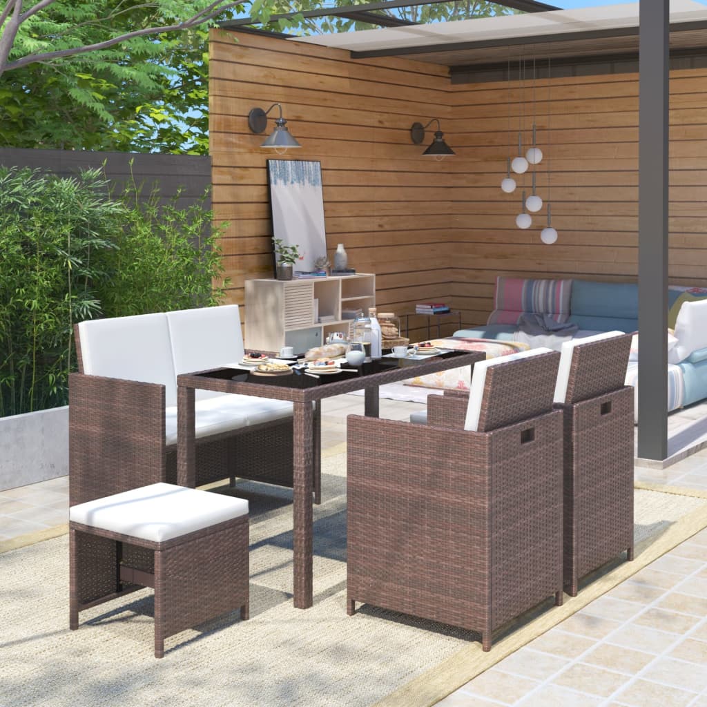 6 pièces. Groupe de repas de jardin avec coussins en polyrotin marron