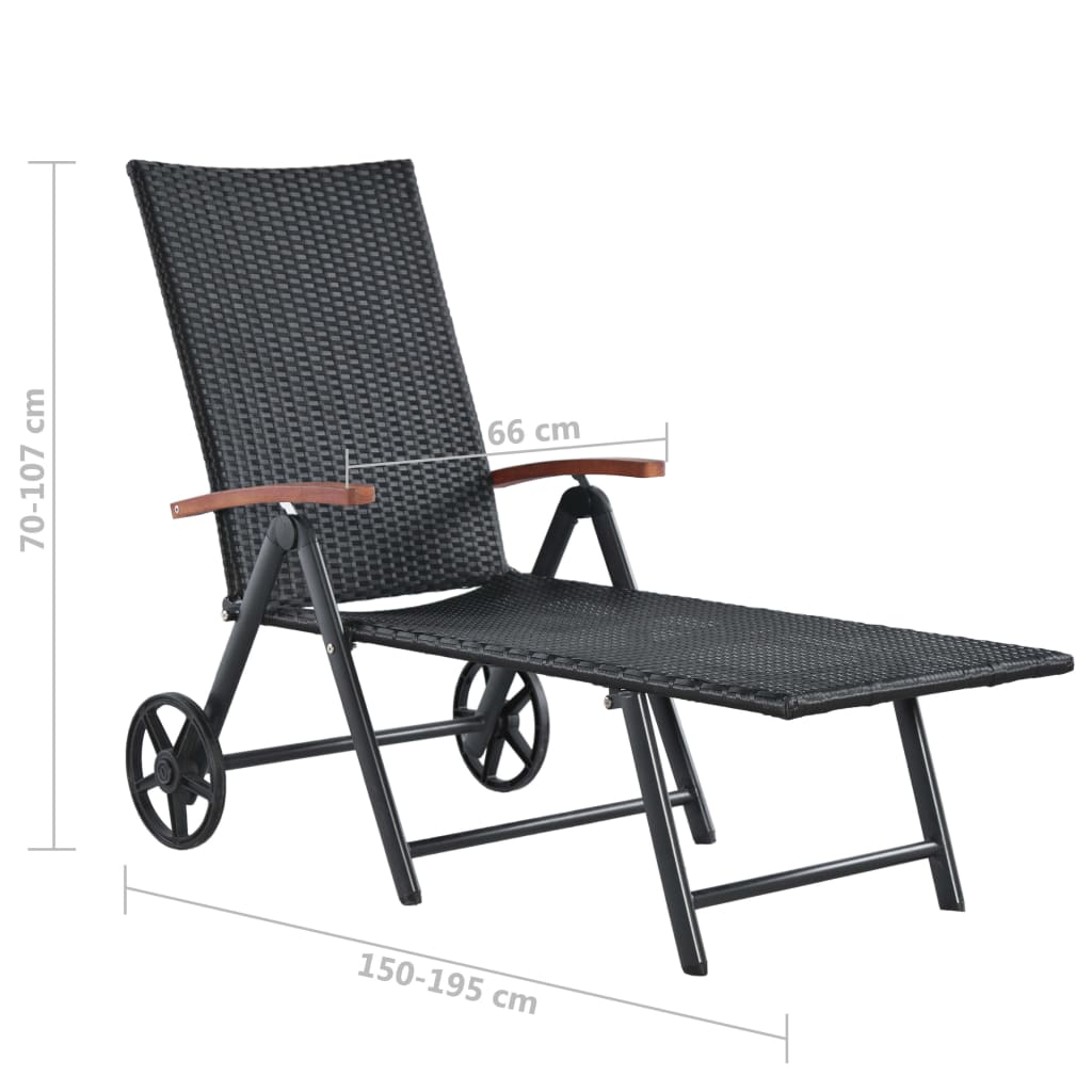 Sonnenliege mit Rädern Poly Rattan Schwarz