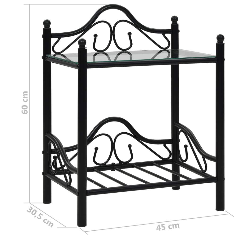 Tables de chevet, lot de 2, acier et verre trempé, 45 x 30,5 x 60 cm, noir