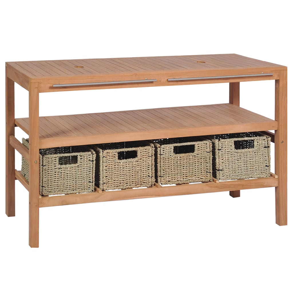 Meuble sous vasque avec 4 paniers, teck massif 132x45x75 cm