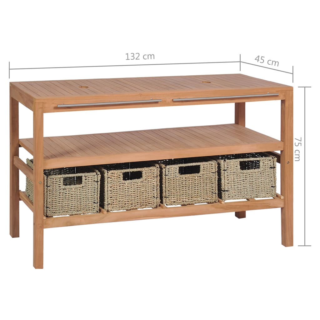 Meuble sous vasque avec 4 paniers, teck massif 132x45x75 cm