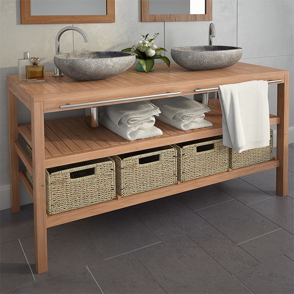 Meuble sous vasque avec 4 paniers, teck massif 132x45x75 cm