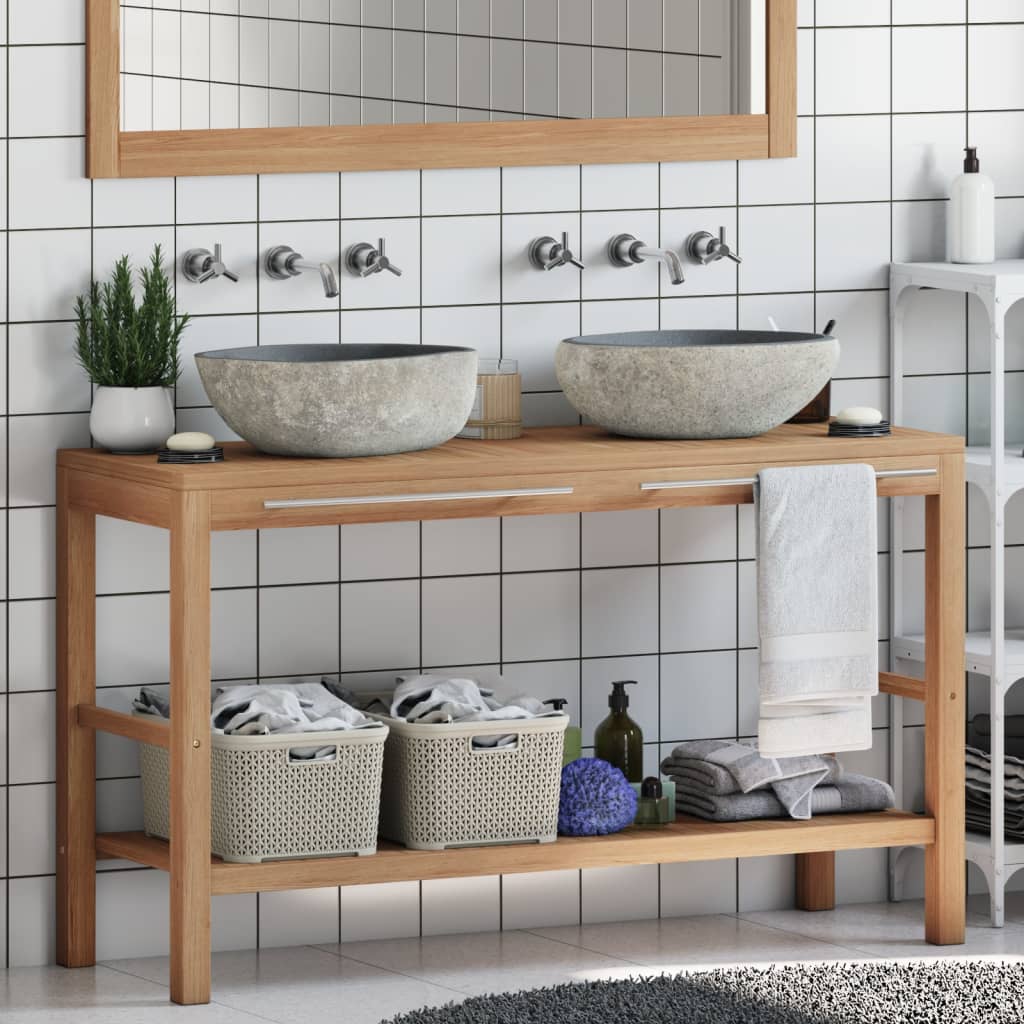 Meuble sous-vasque en teck massif avec lavabo en pierre de rivière