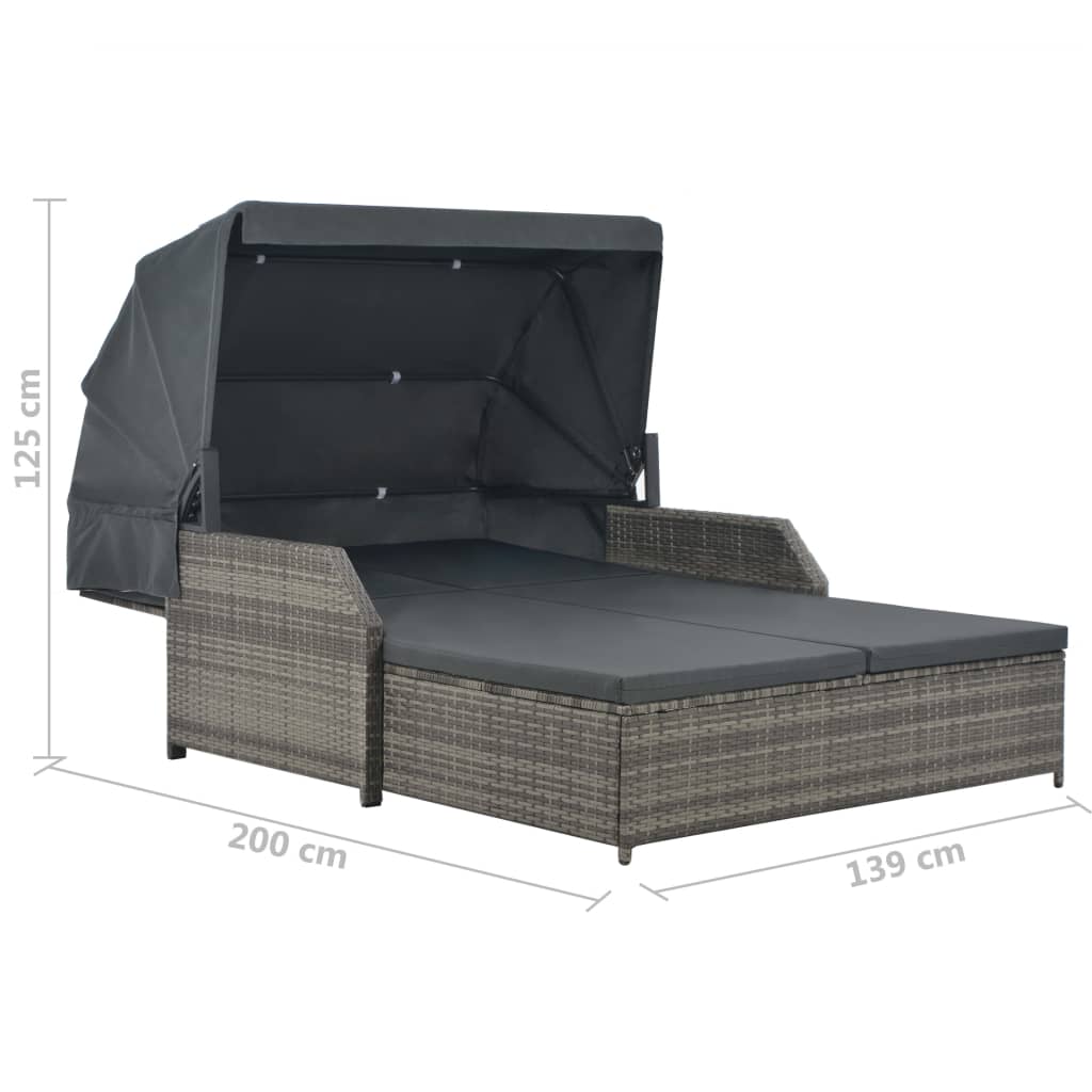 2-Personen-Sonnenliege mit Sonnendach Poly Rattan Grau