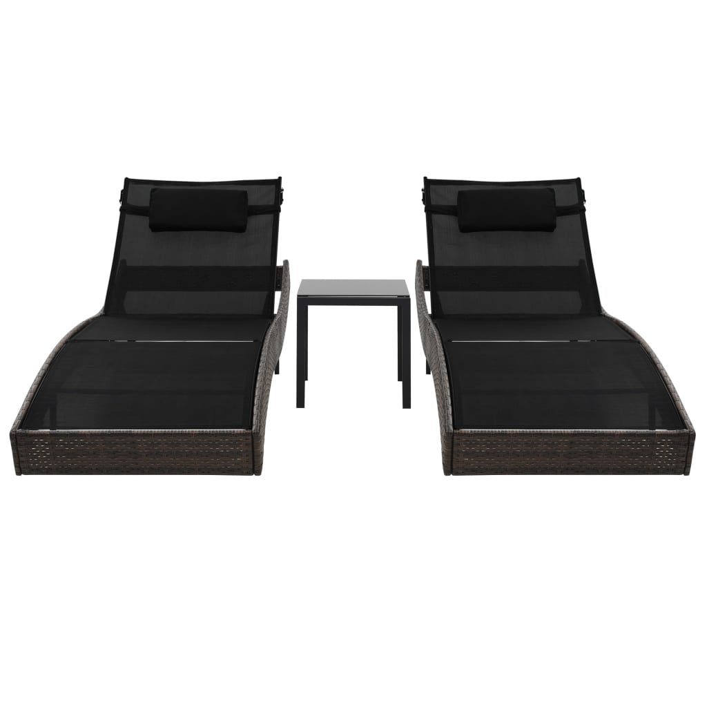 Sonnenliegen 2 Stk. mit Tisch Poly Rattan und Textilene Braun