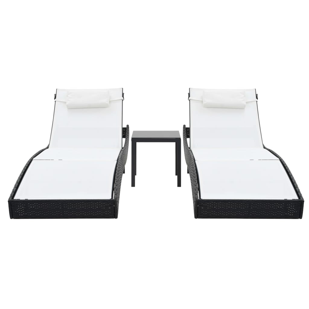 Bains de soleil 2 pcs avec table poly rotin et textilène noir
