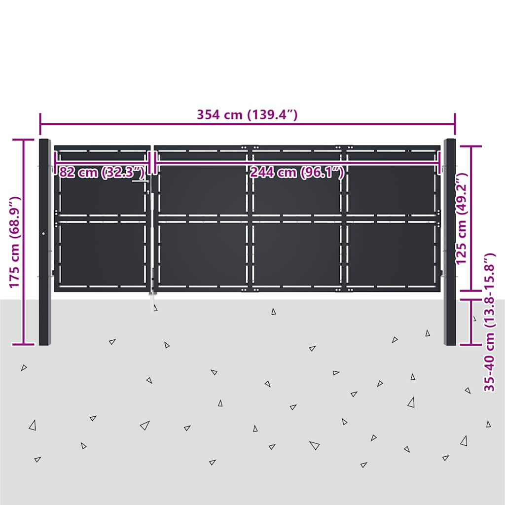 Gartentor aus Stahl 350 x 125 cm Anthrazit