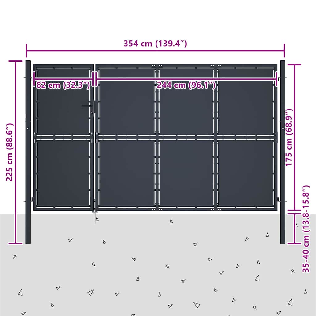 Gartentor aus Stahl 350 x 175 cm Anthrazit