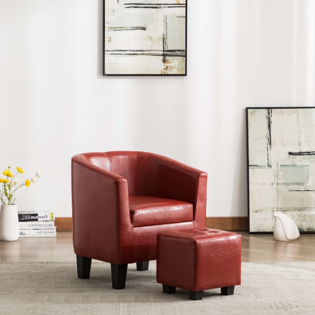 Sessel mit Fußhocker Weinrot Kunstleder