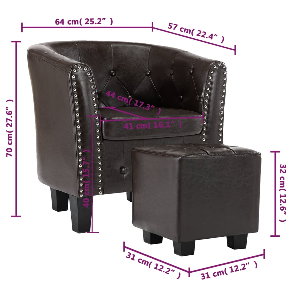 Clubsessel mit Hocker Braun Kunstleder
