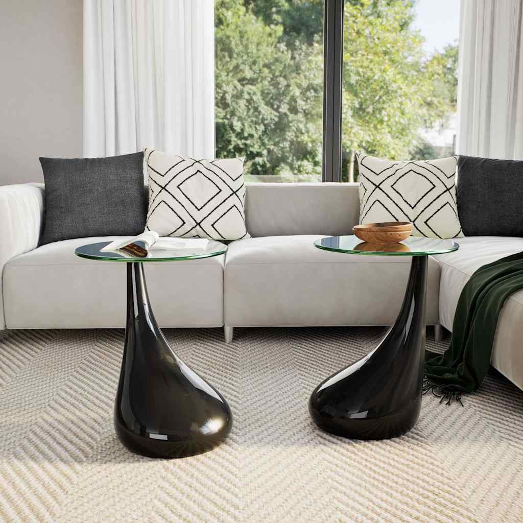 Coffee tables 2 pcs. with round glass top high gloss black