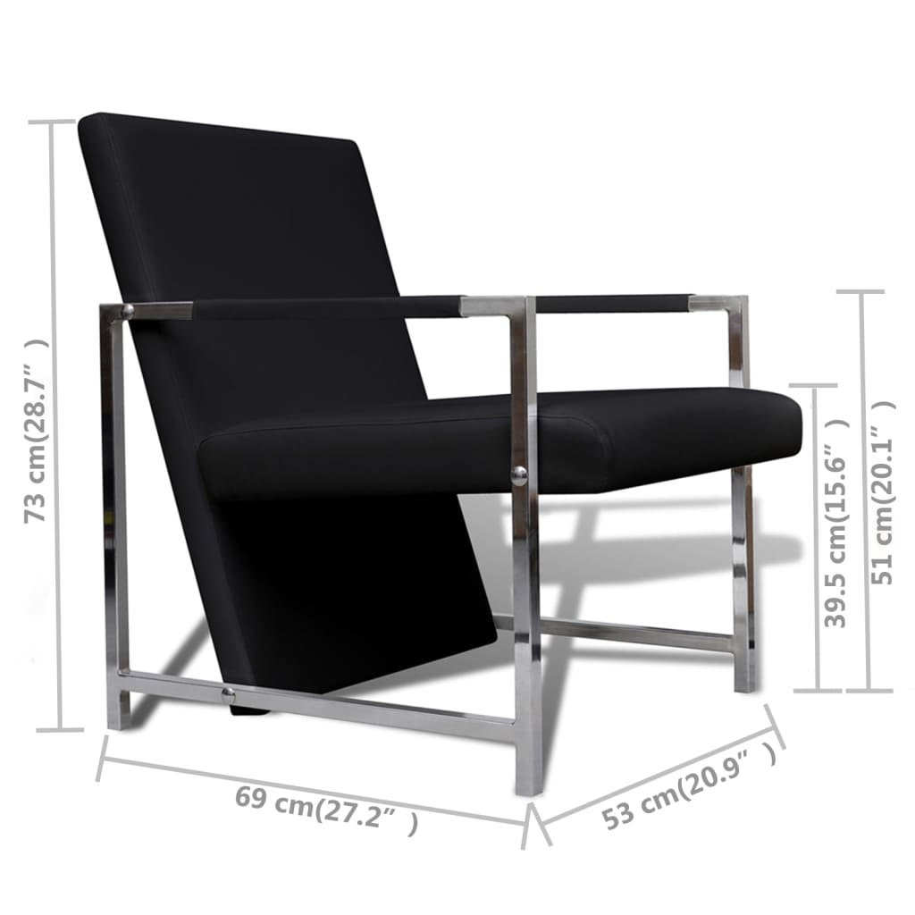 Fauteuils 2 pièces. Structure chromée. Cuir artificiel noir.