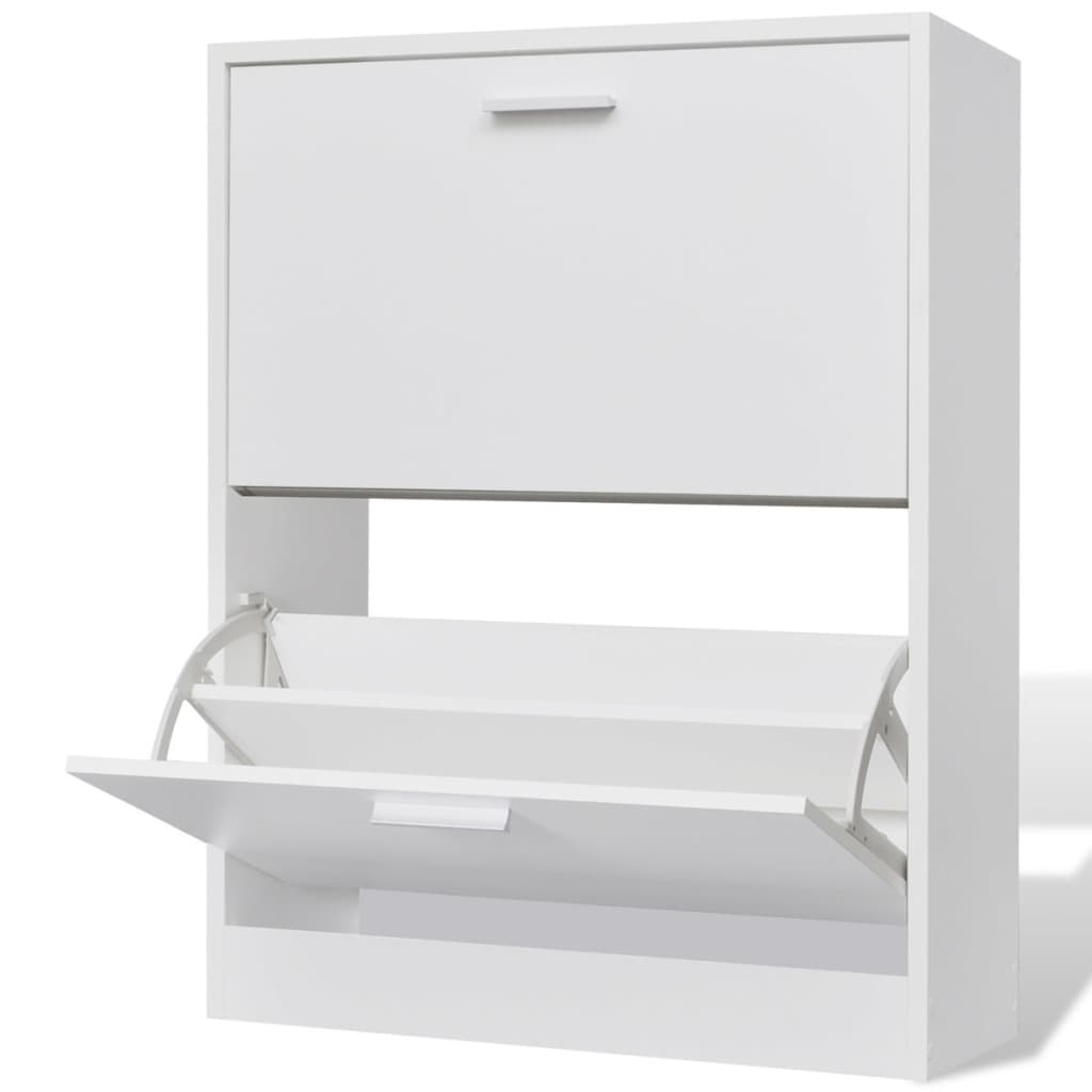 White wooden shoe cabinet with 2 shoe racks