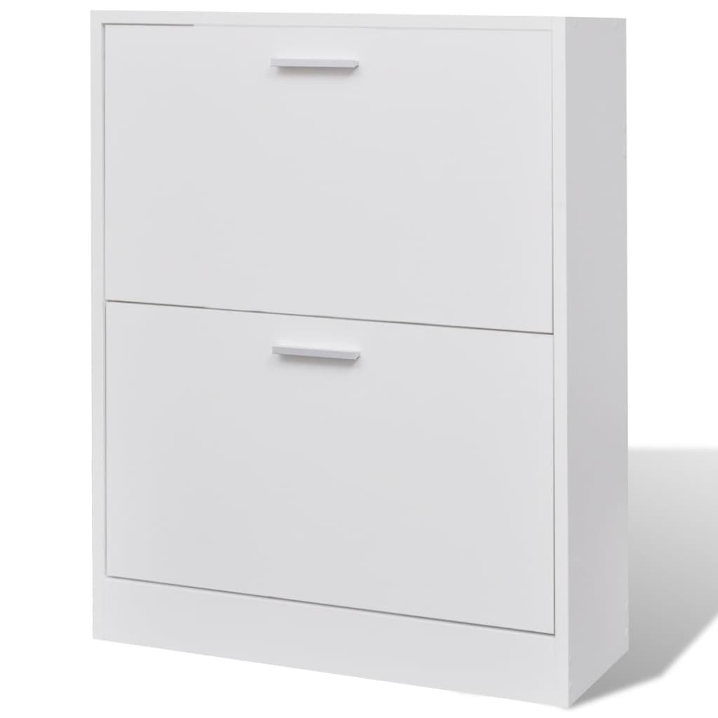 White wooden shoe cabinet with 2 shoe racks